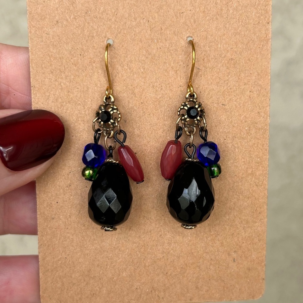 Deco Black Glass & Multicolored Accent Dangle Earrings*